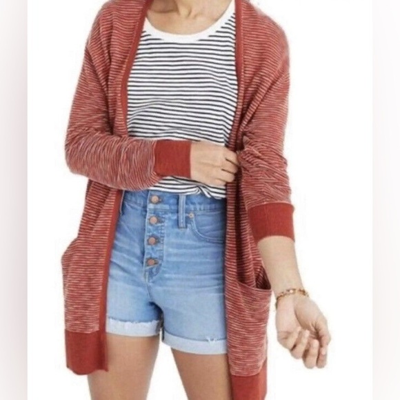 Madewell Sweaters - Madewell Summer Rider Striped Open Front Longline Rusty Orange Torch Cardigan XS